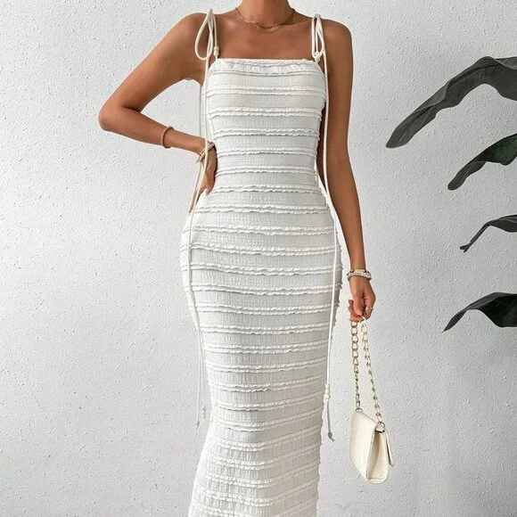 White Boho Womens Knotted Shoulder Cami Bodycon Dress - Picture 5 of 5